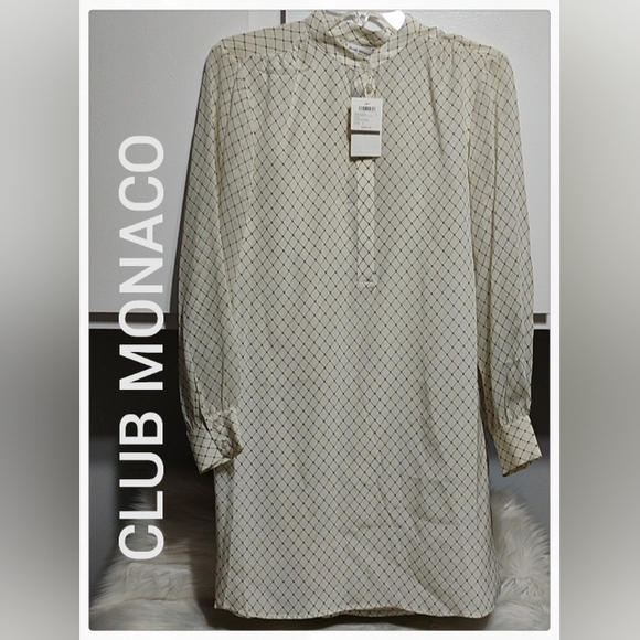 Club Monaco Tops - New Club Monaco Popover Silk Tunic Robe Ivory Grid Long Sleeve Tunic Top (BX32)